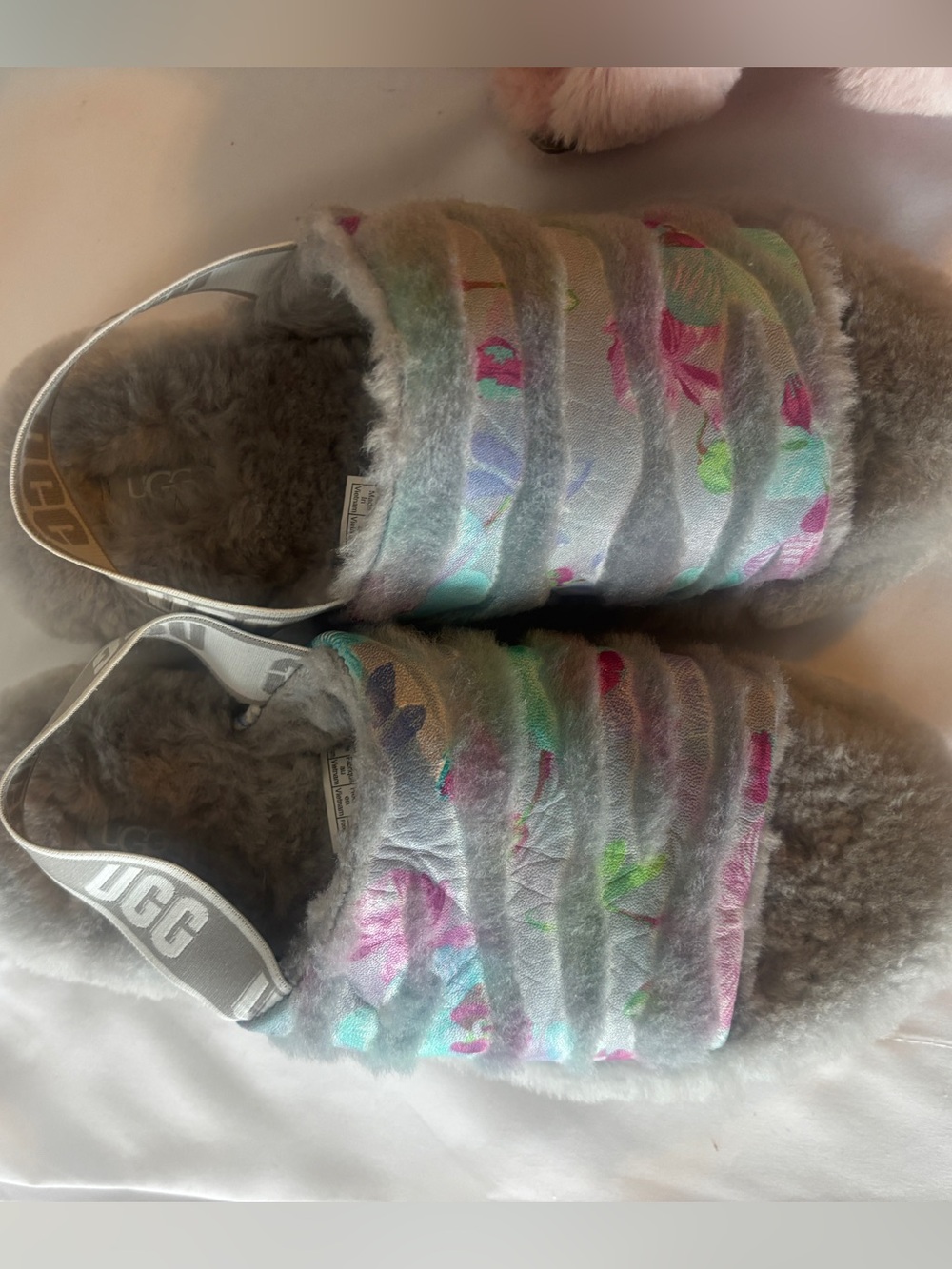 UGG Gray Shearling Slide Sandals with Multicolor Floral Accent